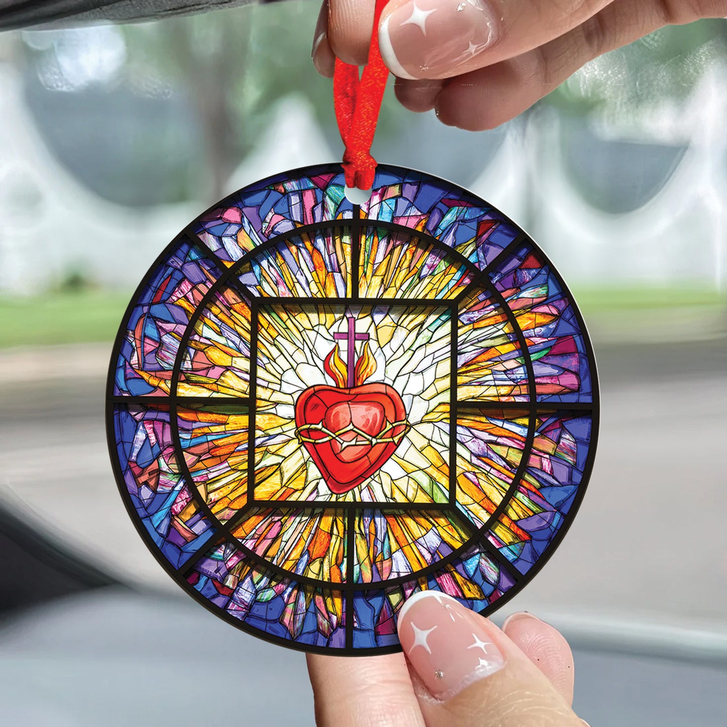 Teesdily | Jesus Sacred Heart Stained Glass Print Window Car Hanging Ornament Jesus Christ Acrylic Car Mirror Hanging Christmas Xmas Tree Decoration