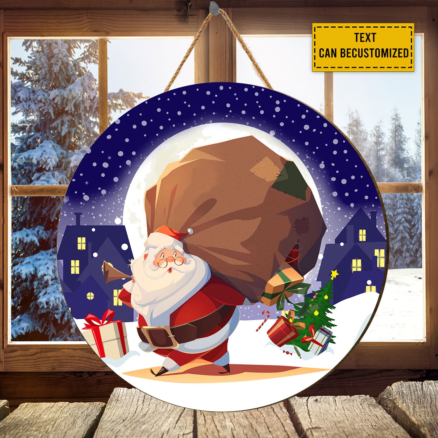 Teesdily | Customized Santa Claus Round Wood Sign Merry Christmas Home Decoration Wood Sign Christmas Gift Front Door Welcome Personalized Gift