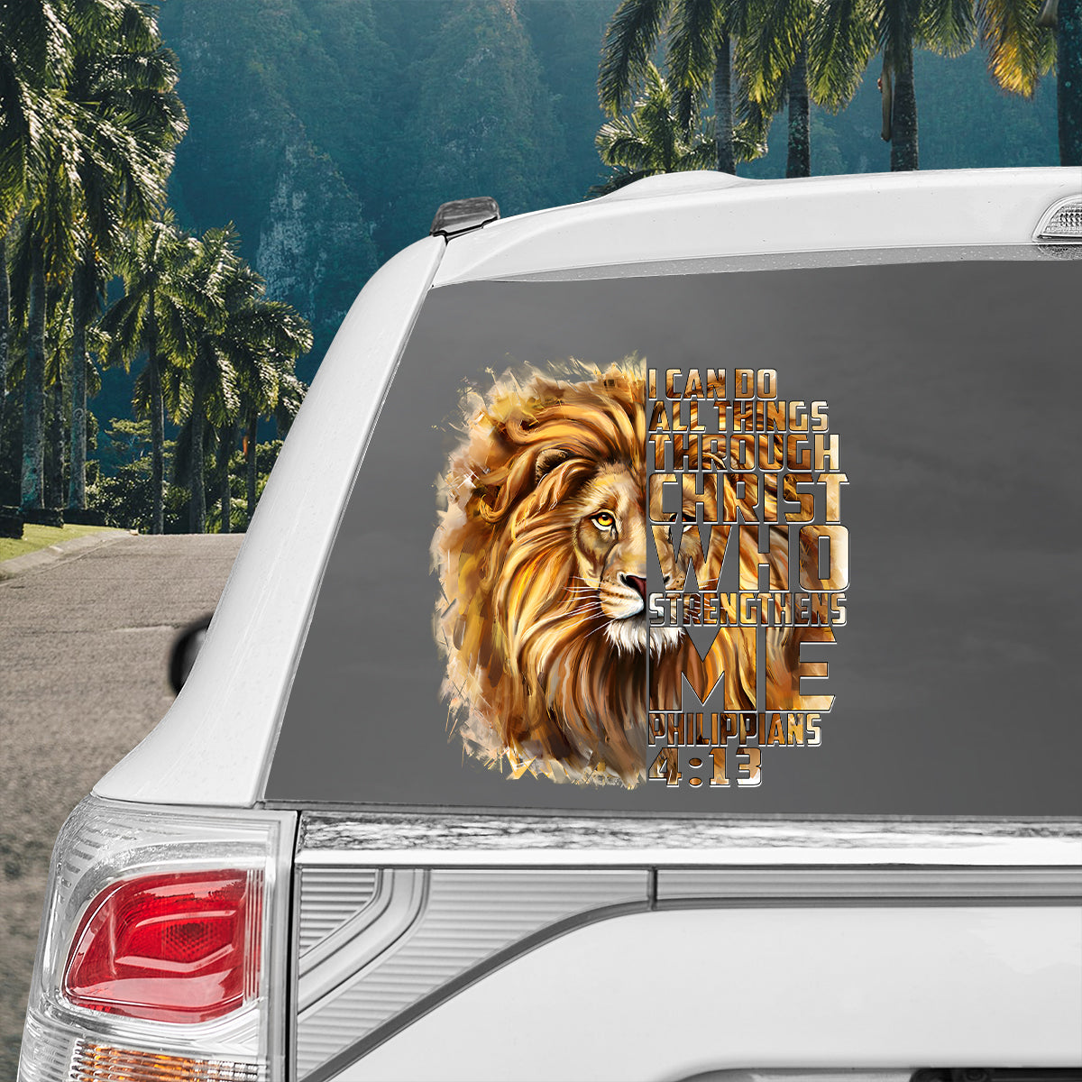 Teesdily | Lion Of Judah Decal, I Can Do All Things Through Christ Car Window Stickers, God Bible Verse Car Vinyl Decal, Christian Car Accessories