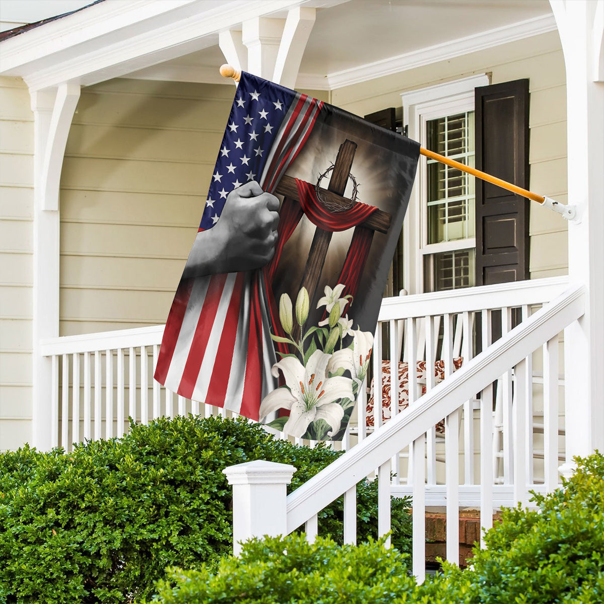 Teesdily | Jesus Cross Hand Pull American Flag, Christ Cross Lily Garden Flag, Christian Home Outdoor Decoration, God Believer House Flag Decor