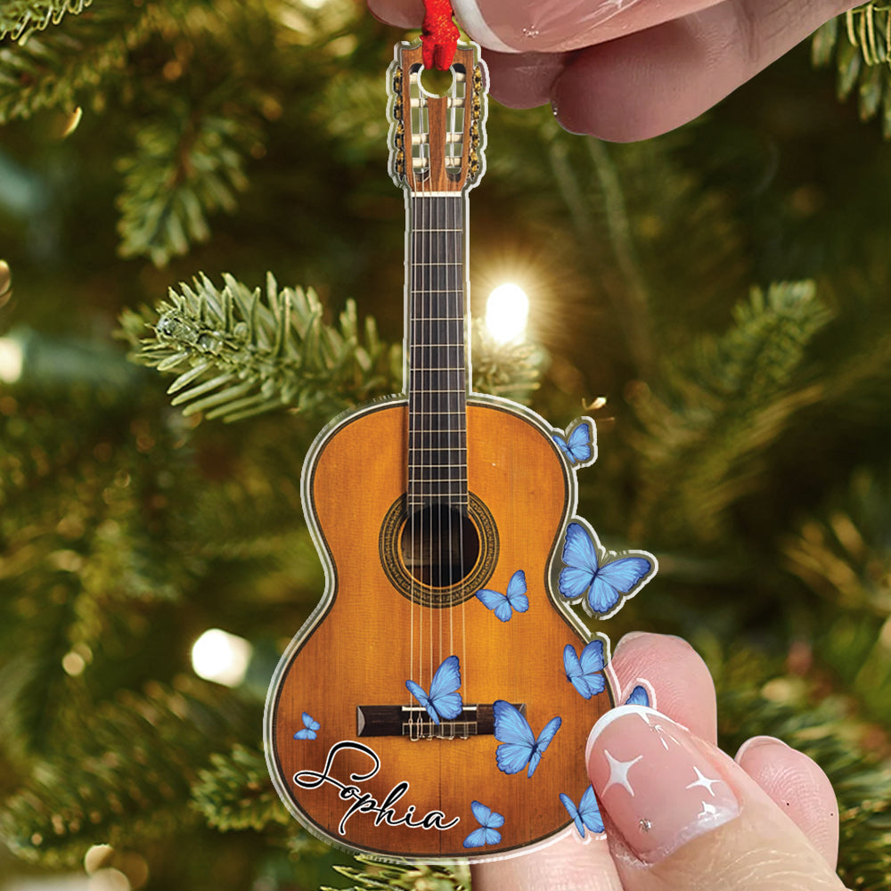 Teesdily | Customized Butterfly Guitar Ornament 2d Flat Acrylic, Artist Guitar Player Ornament Christmas, Gift For Guitar Players