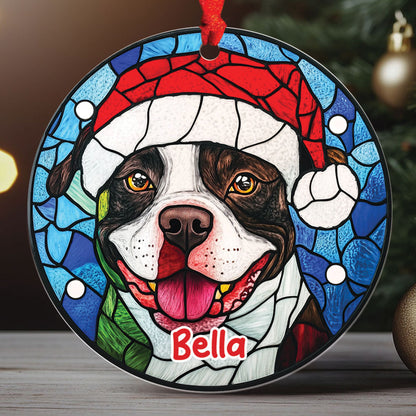 Teesdily | Customized Pit Bull Ornament Christmas, Dog Stained Glass 2D Ornament Christmas Decor, Dog Mom Pit Bull Lover Gift