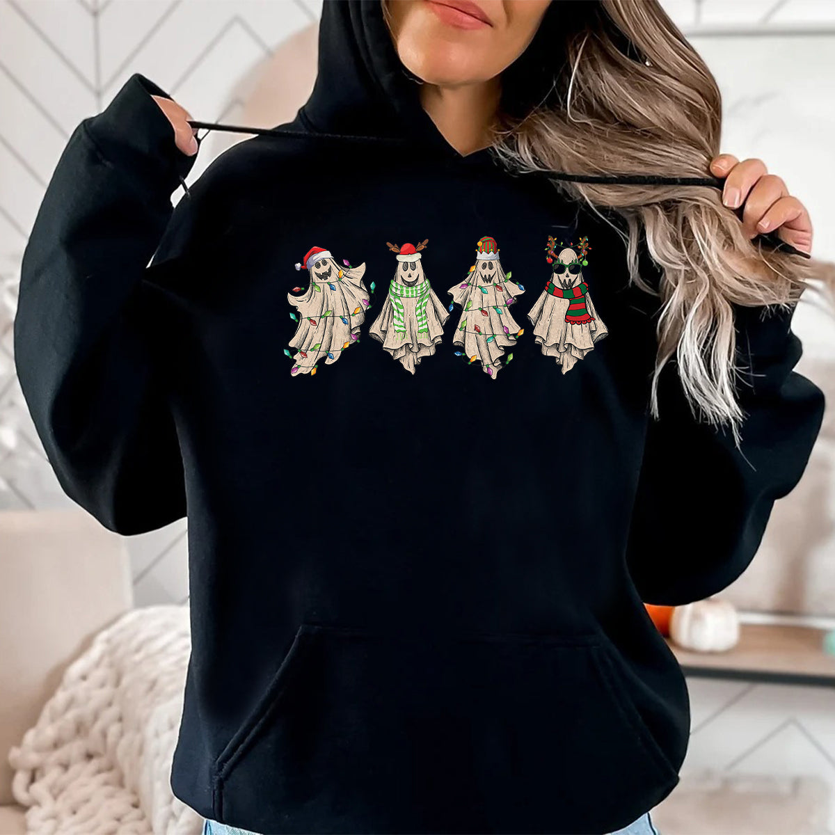 Teesdily | Christmas Ghost Shirt, Cute Christmas Sweatshirt, Ghost Santa T-shirt, Ghost Christmas Tree Hoodie, Merry Christmas Ghost