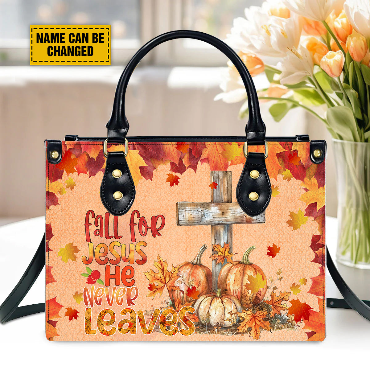 Teesdily | Customized Christian Cross Pumpkin Leather Handbag, Fall For Jesus He Never Leaves Bag For Women, Pumpkin Autumn Bag, Jesus Lover Gift