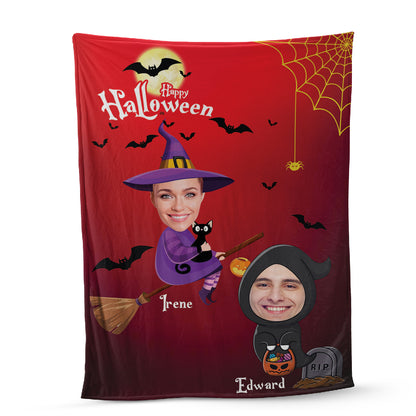 Teesdily | Halloween Custom Face Blanket Funny Witch Personalized Photo Blankets Throw With Picture Halloween Gift For Family And Friends