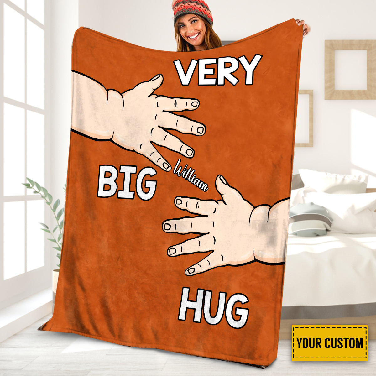 Teesdily | Sending Big Hug Personalized Fleece Blanket Very Big Hug Baby Hand Warm Blanket Cute Heartwarming Gift For Mom Dad From Baby Kid