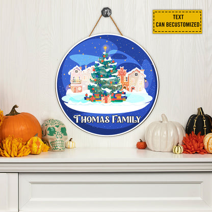 Teesdily | Customized Christmas Town Round Wood Sign Christmas Is Coming Custom Wood Sign Xmas Family Door Sign Christmas Gifts