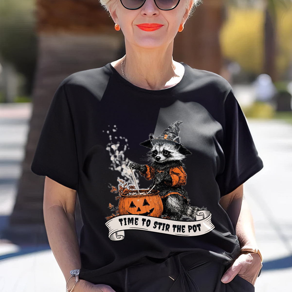 Teesdily | Retro Witch Raccoon Shirt, Time To Stir The Pot Sweatshirt, Raccoon Pumpkin Pot Hoodie Mug, Halloween Costume Family