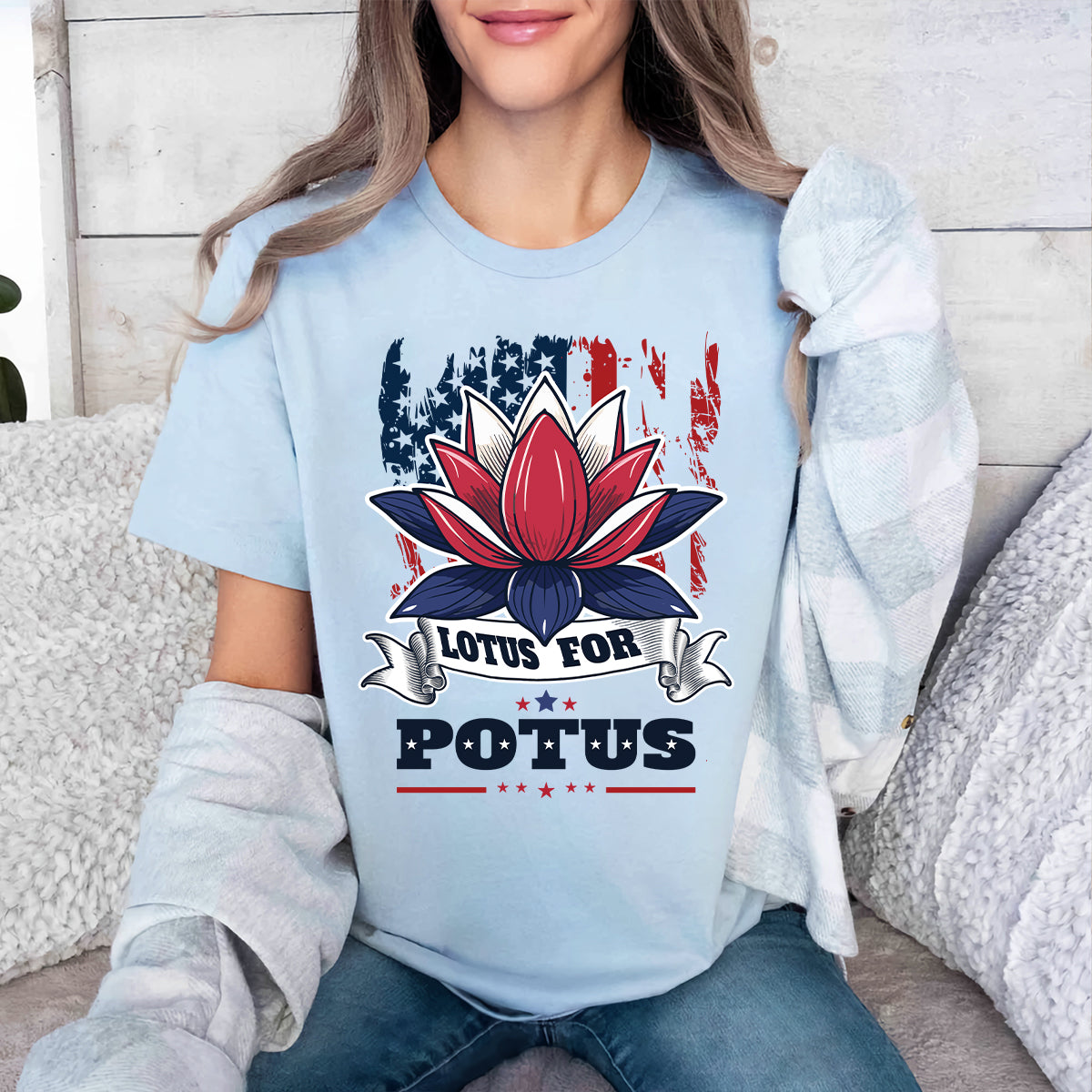 Teesdily | Namaste Lotus Shirt, Lotus For Potus Sweatshirt Hoodie Mug, American Flag Patriot Gift For Women, Girl Power Tee