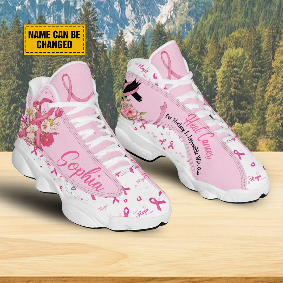 Teesdily | Custom Heal Cancer Nothing Is Impossible With God Running Shoes, Pink Ribbon Breast Cancer Awareness Basketball Shoes