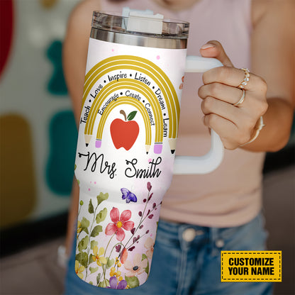 Teesdily | Teacher Rainbow Customized 40oz Tumbler, Thank You For Helping Me Grow Insulated Tumbler, Teacher Floral Water Tumbler, Teacher Custom Gift