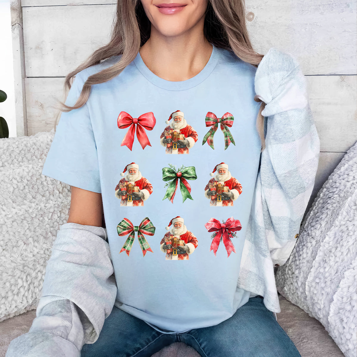 Teesdily | Christmas Coquette Bow Santa Shirt, Santa Coquette Bow Sweatshirt, Vintage Christmas Bow Hoodie, Retro Christmas Family T-shirt, Xmas Gift