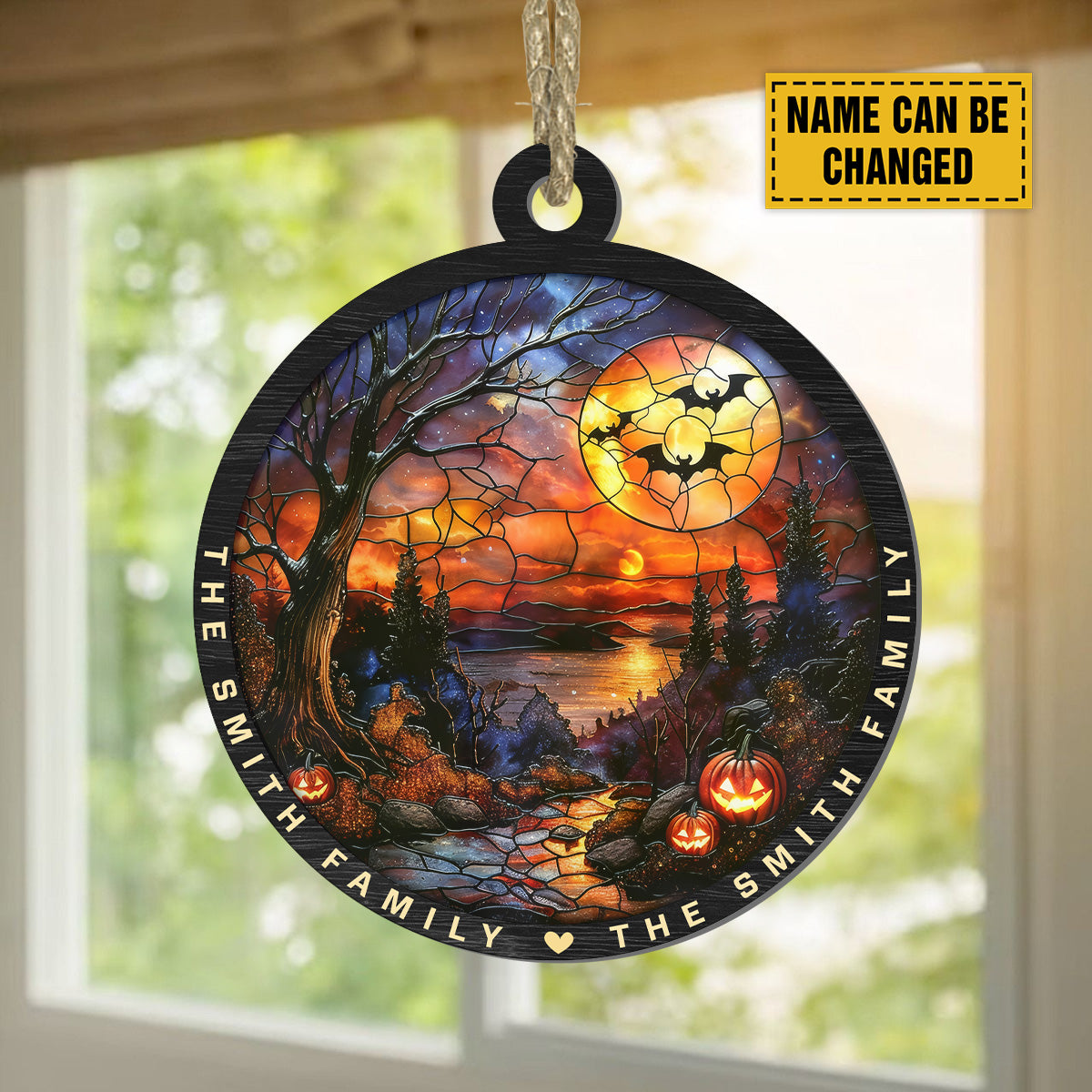 Teesdily | Personalized Halloween Suncatcher Window Hangings, Spooky Season Custom Name Home Decor, Halloween Gift For Family