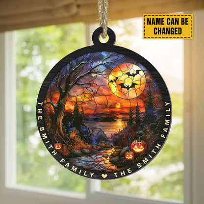 Teesdily | Personalized Halloween Suncatcher Window Hangings, Spooky Season Custom Name Home Decor, Halloween Gift For Family