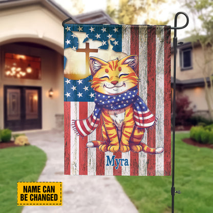 Teesdily | Custom Cat Jesus Cross Flag, Independence Day Garden Flag, Jesus American Flag Home, Fourth Of July Garden Flag Yard Decor, Cat Lover Gift