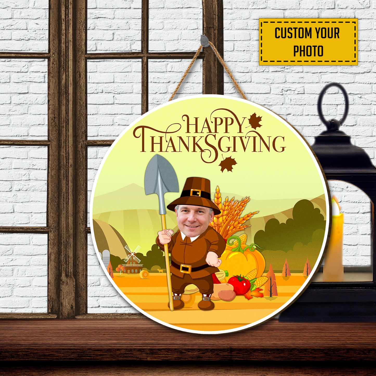 Teesdily | Pilgrim With Spade Customized Face Home Sign, Happy Thanksgiving Wood Sign, Funny Cosplay Harvest Season Sign, Harvest Day Gifts