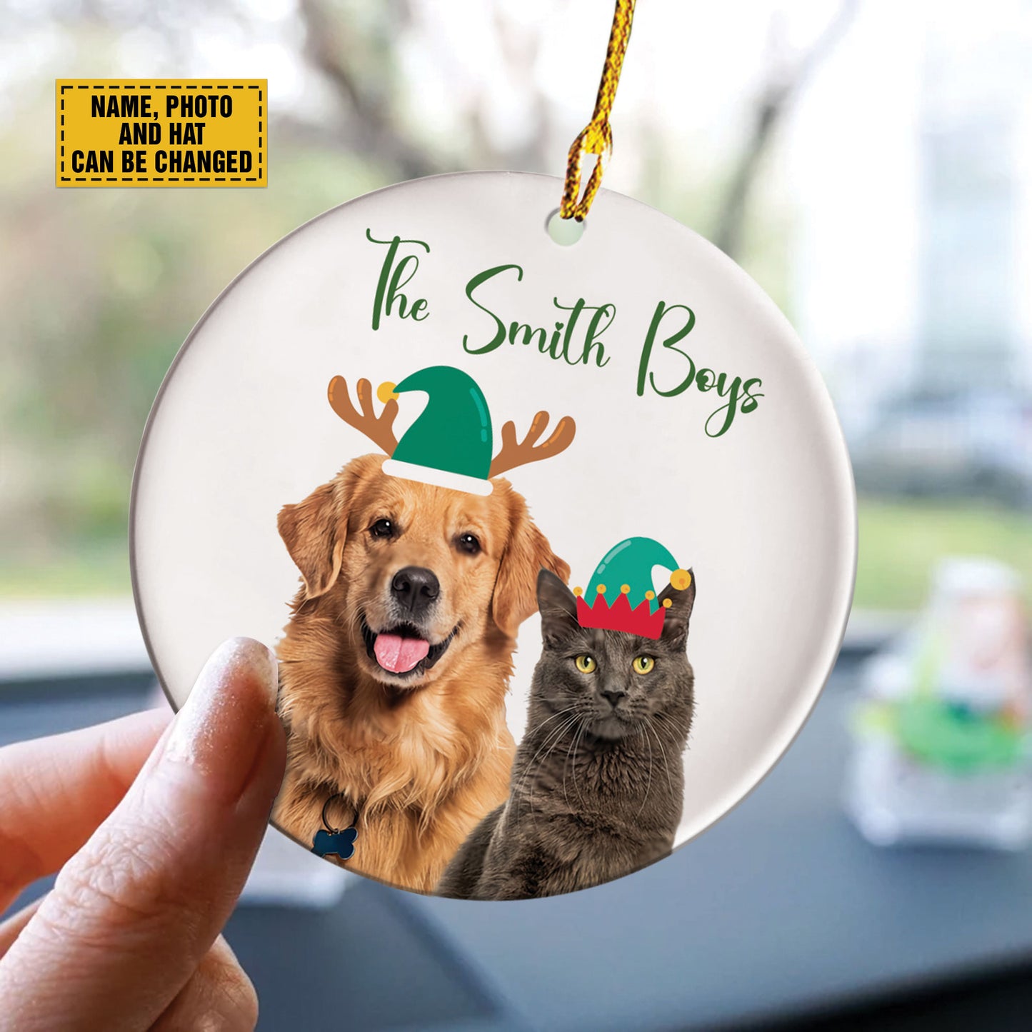 Teesdily | Personalized Pet And Santa's Hat Ornament, Keep Memories Pet Portrait Ornament, Dog Lovers Gift, Cat Christmas Ornament