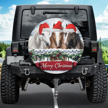 Teesdily | Christmas Horse Car Spare Tire Cover, Horse Farming Merry Christmas Tire Protector, Horse Santa Truck Wheel Cover, Car Decor, Xmas Gift