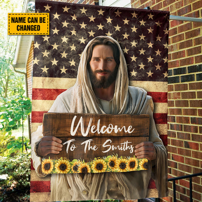 Teesdily | Customized Jesus Sunflower American Flag House, Welcome Home Flag Banner, Happy Independence Day, Jesus Lover Gifts, Patriotic Garden Flag