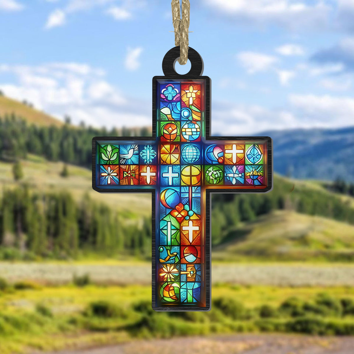 Teesdily | Customized Suncatcher Style, Jesus Cross Suncatcher Christmas Ornament, Xmas Home Decoration, Jesus Lovers Gift, God Faith Believers Gifts