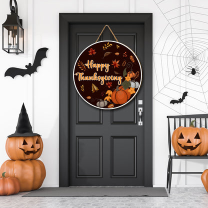 Teesdily | Happy Thanksgiving Round Wood Sign Autumn Pumpkins Foliage Vine Round Hanging Sign Dorm House Welcome Sign Harvest Day Thanksgiving Gifts