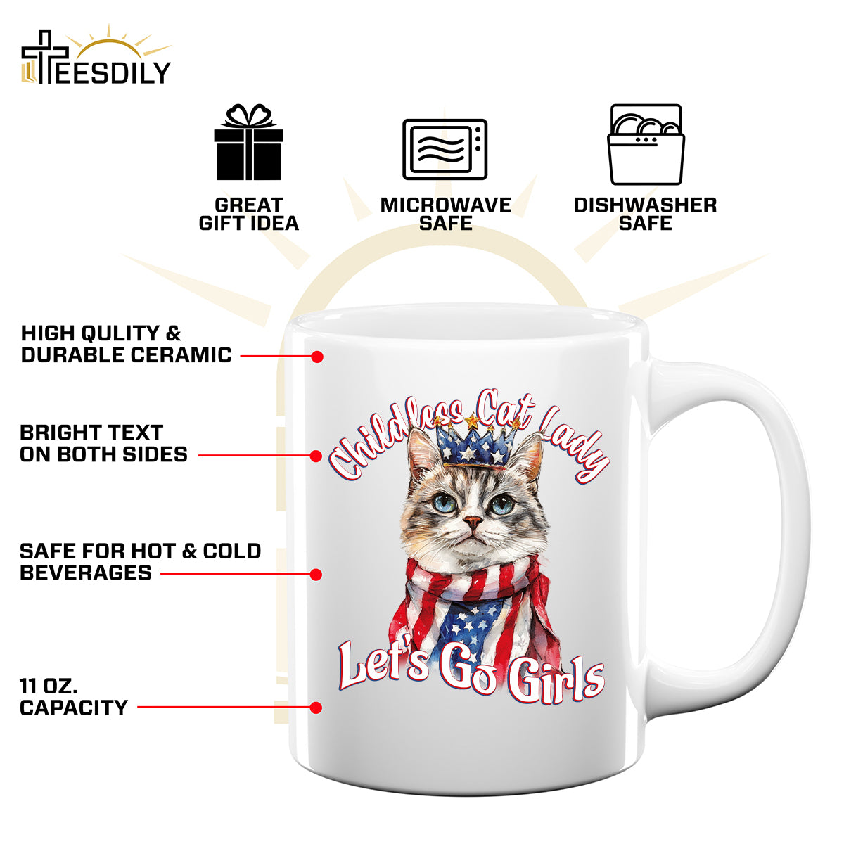 Teesdily | Childless Cat Lady Shirts, Queen Cat American Flag Sweatshirt, Comma La Hoodie, Ka-meow-la T-shirt, Let's Go Girls Cat Mom