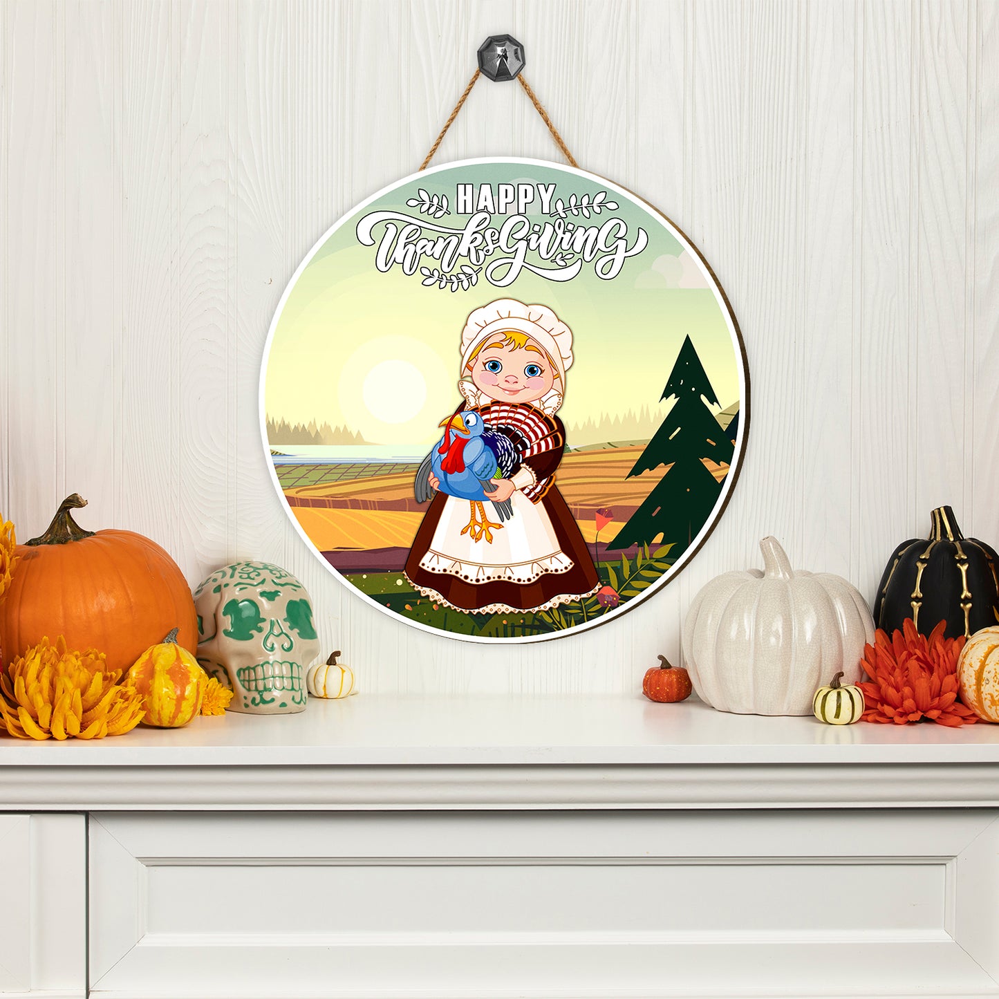 Teesdily | Pilgrim Girlthanksgiving Round Hanging Sign, Happy Thanksgiving Day Wood Door Hanger, Farming Girl Gifts, Harvest Day Welcome Sign