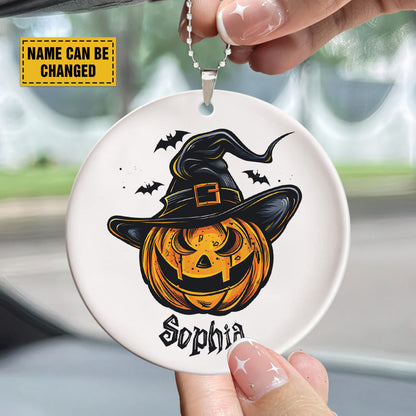 Teesdily | Customized Halloween Pumpkin Witch Hat Ornament, Pumpkin Ornaments Car Hanger Rear View Mirror, Fall Spooky Decorations, Halloween Gift