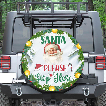 Teesdily | Santa Please Stop Here Car Spare Tire Cover, Christmas Wreath Santa Claus Wheel Cover, Christmas Car Tire Protector, Xmas Gift Decor