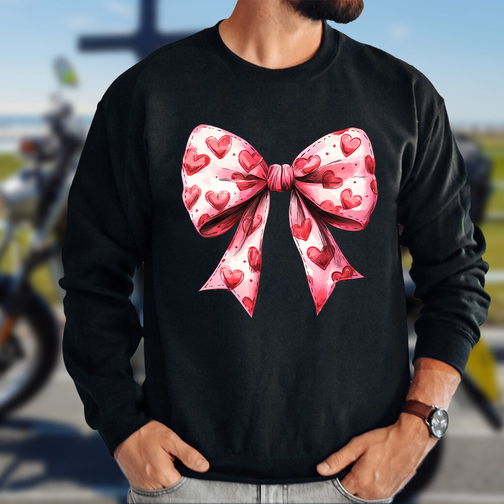 Teesdily | Valentine's Day Heart Coquette Bow Shirt, Retro Valentine Sweatshirt Mug, Coquette Bow Hoodie, Bow Valentine Mug Gift