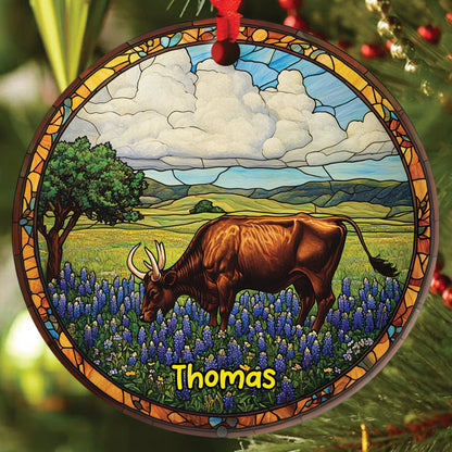 Teesdily | Customized Texas Longhorn Ornament Christmas, Farm Longhorn Stained Glass Print Ornament, Decor Christmas Gift