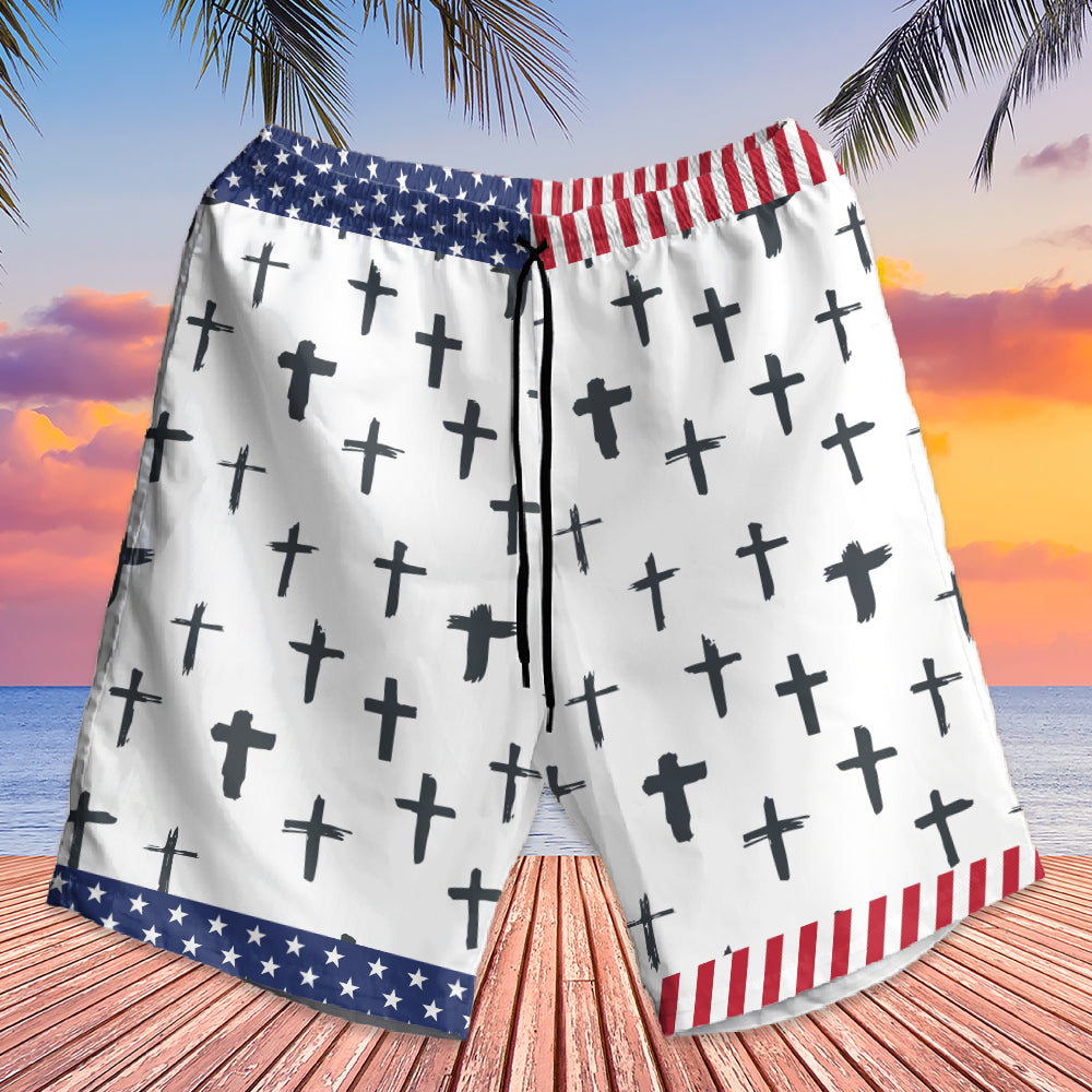 Teesdily | Custom Jesus Cross American Flag Hawaiian Shirt, God Sunglasses Summer Aloha Shirt, Cool Jesus Hawaii Set For Men, Independence Day Gifts