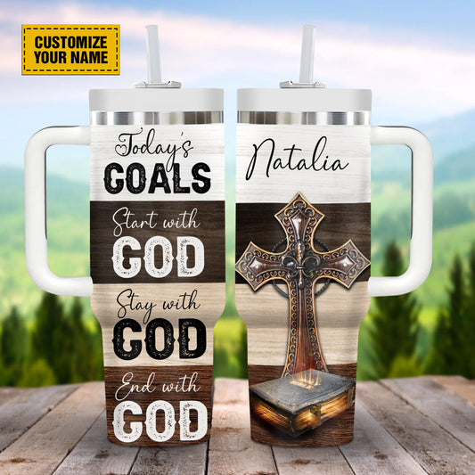 Teesdily | Customized Jesus Cross Bible Tumbler With Handle, Today's Goals Start With God Tumbler Cups, God Prayer Positive Gifts 40oz Tumbler