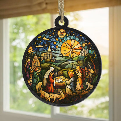 Teesdily | Jesus Suncatcher Ornament Christmas, Stained Glass Nativity Of Jesus Christ Ornament Suncatcher, Religious Faith Gift, Christmas Decor