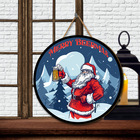 Teesdily | Jolly Santa Claus Merry Beermas Christmas Wood Sign Winter Christmas Decoration Gift For Beer's Lovers Office Decor