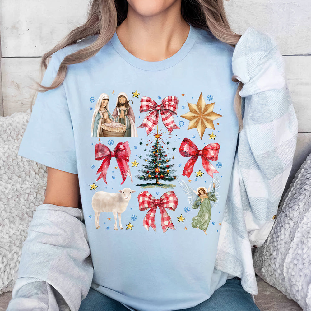 Teesdily | Red Coquette Jesus Nativity Shirt, Holy Night Tee Sweatshirt Hoodie Mug, Jesus Lovers Christmas Gift, Xmas Coquette