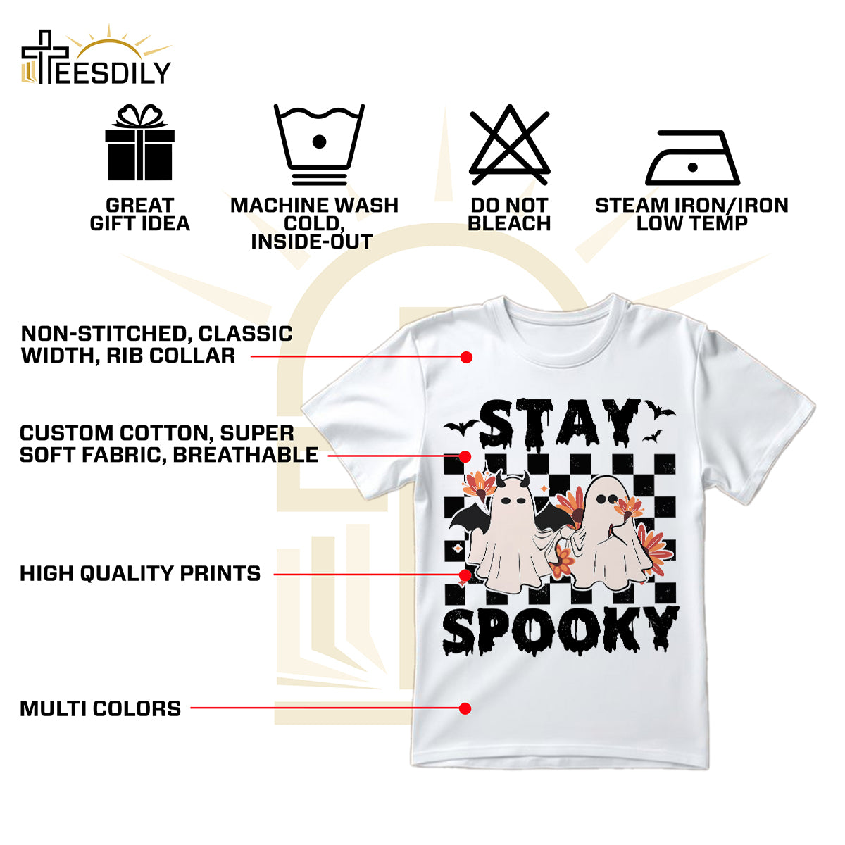 Teesdily | Cute Ghost Halloween Shirt, Stay Spooky Happy Halloween Tee Sweatshirt Hoodie Mug, Halloween Gifts, Spooky Retro Ghost Tee