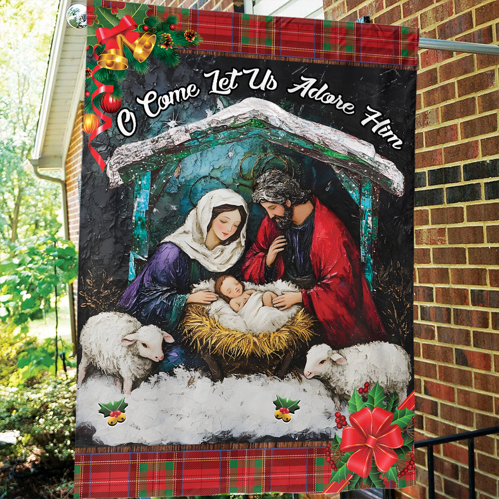 Teesdily | Customized Jesus Nativity Christmas Garden Flag, O Come Let Us Adore Him House Flag, Jesus Birth Gift, Xmas Gift