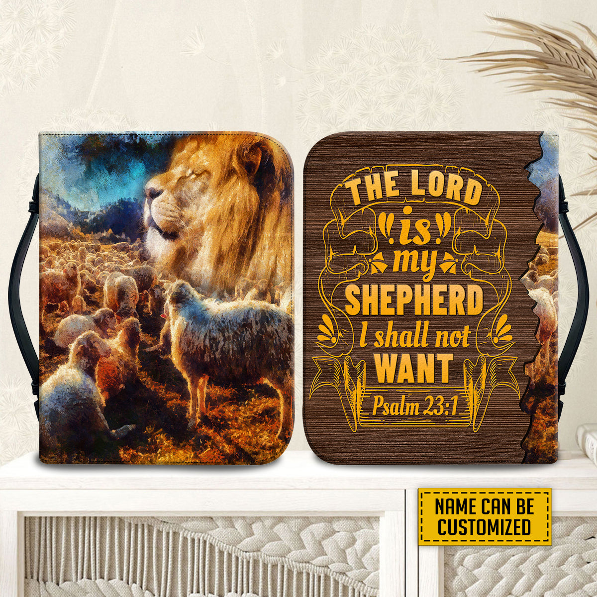 Teesdily | Jesus Lion And Lamb Personalized Bible Bags, The Lord Is My Shepherd Bible Cases, God Bible Verse Bible Cover With Handle, Christian Gifts