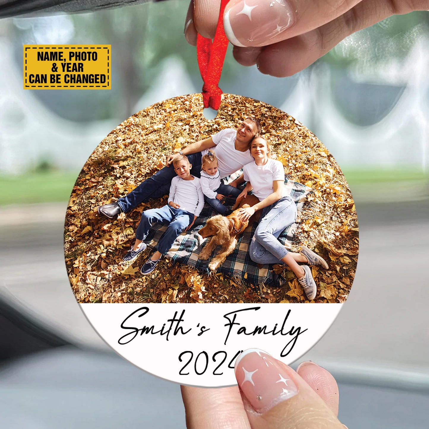 Teesdily | Personalized Family Picture Ornament Rear View Mirror Accessories, Unique Christmas Ornament, Family Memorial Ornament, Christmas Gift