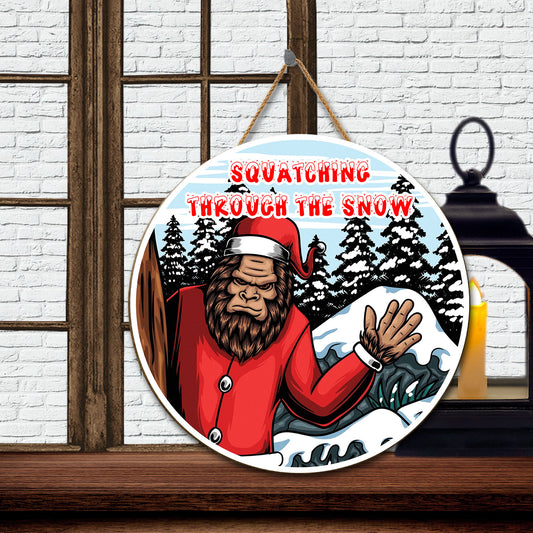 Teesdily | Santa Bigfoot Christmas Wood Sign Sasquatch Crossing Funny Bigfoot Gift Christmas Decoration Noel Gift Family Door Sign