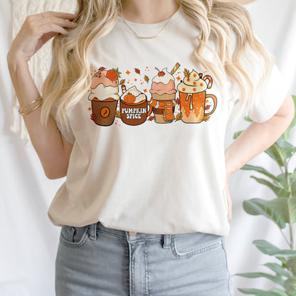 Teesdily | Halloween Pumpkin Spice Sweatshirt, Fall Thankful Coffee Cup Hoodie Mug, Halloween Pumpkin Latte Drink Tee Gift