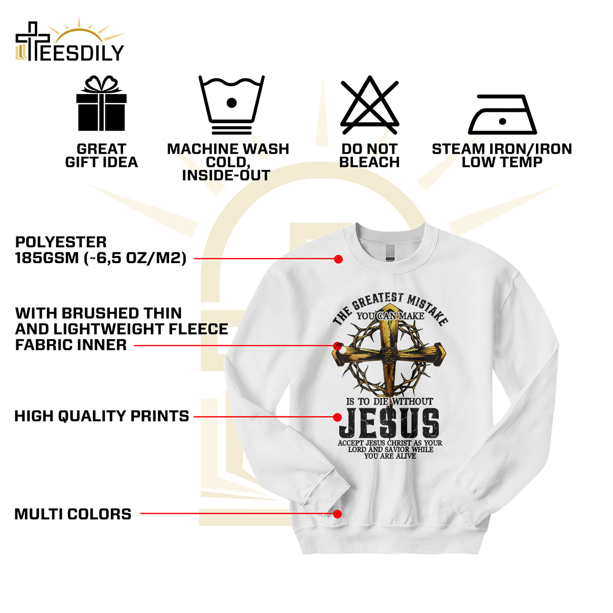 Teesdily | Jesus Cross Crown Light Shirt, The Greatest Mistake You Can Make Is To Die Without Jesus Unisex Tee Hoodie Sweatshirt Mug, Jesus Lovers Gifts