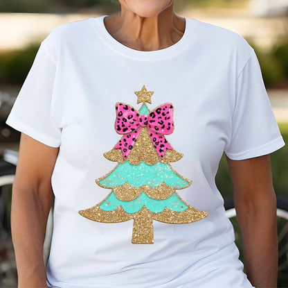 Teesdily | Christmas Tree Bow Shirt, Christmas Coquette Bow Glitter Leopard Sweatshirt, Christmas Hoodie Mug For Women