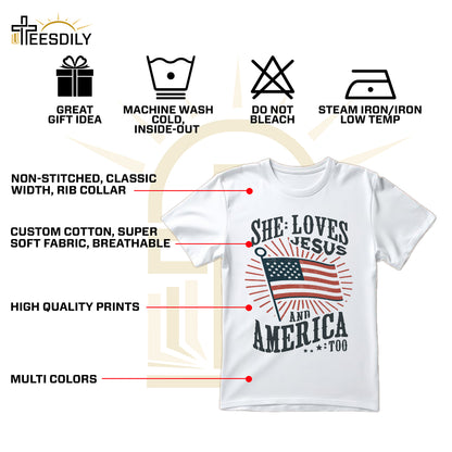 Teesdily | American Flag Tshirt, She Loves Jesus And America Too, Indepdence Day Sweatshirt Hoodie, Christian Gifts Mug