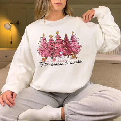 Teesdily | Pink Christmas Tree Snowman Christmas Shirt, Tis The Season To Sparkle Tee Sweatshirt Hoodie Mug, Christmas Gift