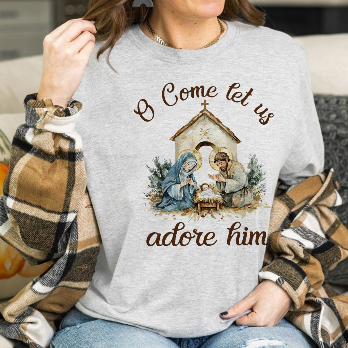 Teesdily | Nativity Scene Shirt, O Come Let Us Adore Him Shirt, Christmas Jesus Nativity Sweatshirt, Christian Birth Religious Hoodie Mug, Xmas Gift