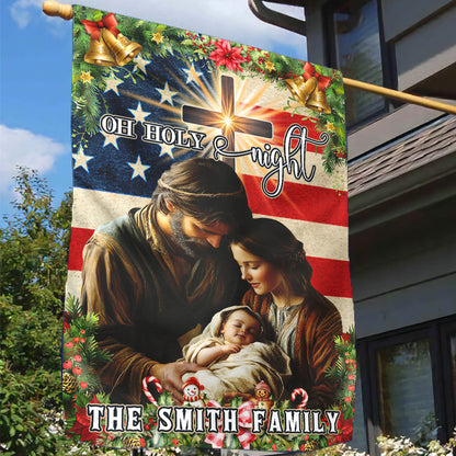 Teesdily | Customized Nativity Of Jesus Holy Family American Flag House, Oh Holy Night Christmas Garden Flag Decoration Yard