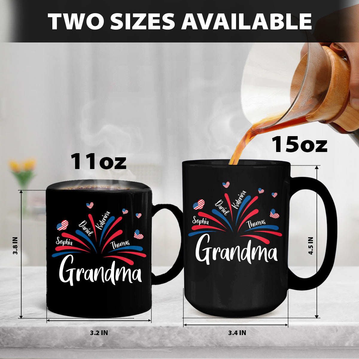 Teesdily | Customized Grandma American Flag Shirt, Fireworks Heart Mom Sweatshirt, Mama And Kids T-Shirt, Mom Papa Mug Cup, Independence Day Gifts