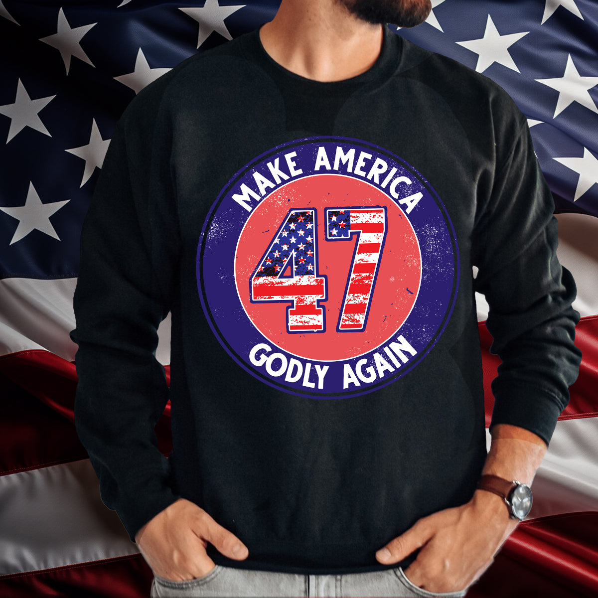 Teesdily | Make American Godly Again Shirt, American Flag Sweatshirt Hoodie Mug, Fight For America 2024 T-shirt, American Pride Tee, Patriotic Gift